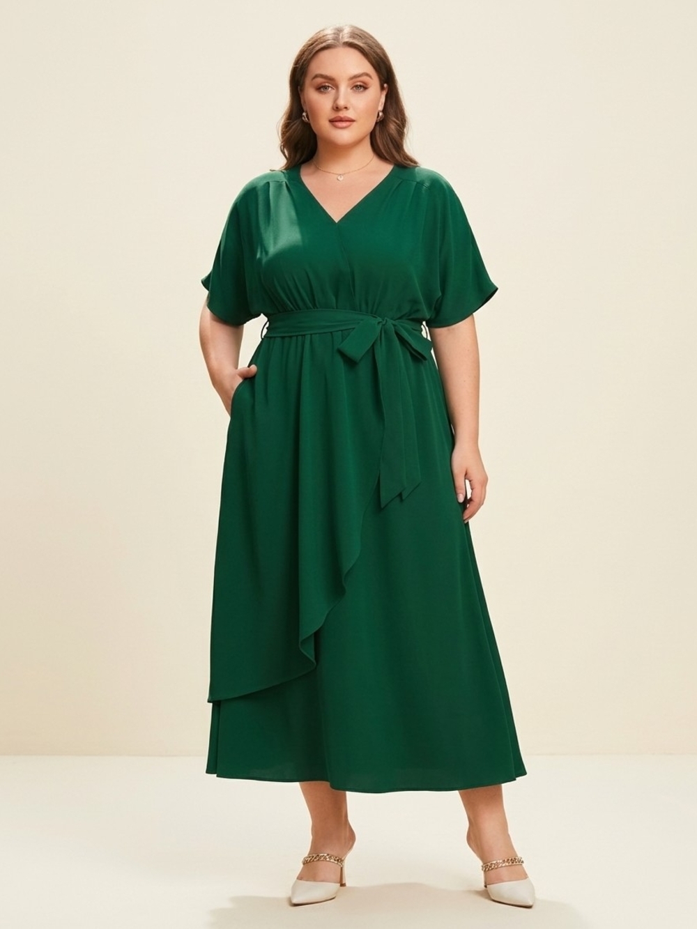 Bloomchic Elegant Green Faux Wrap V-Neck Dolman Sleeve Midi/Maxi Dress Sz 14/16